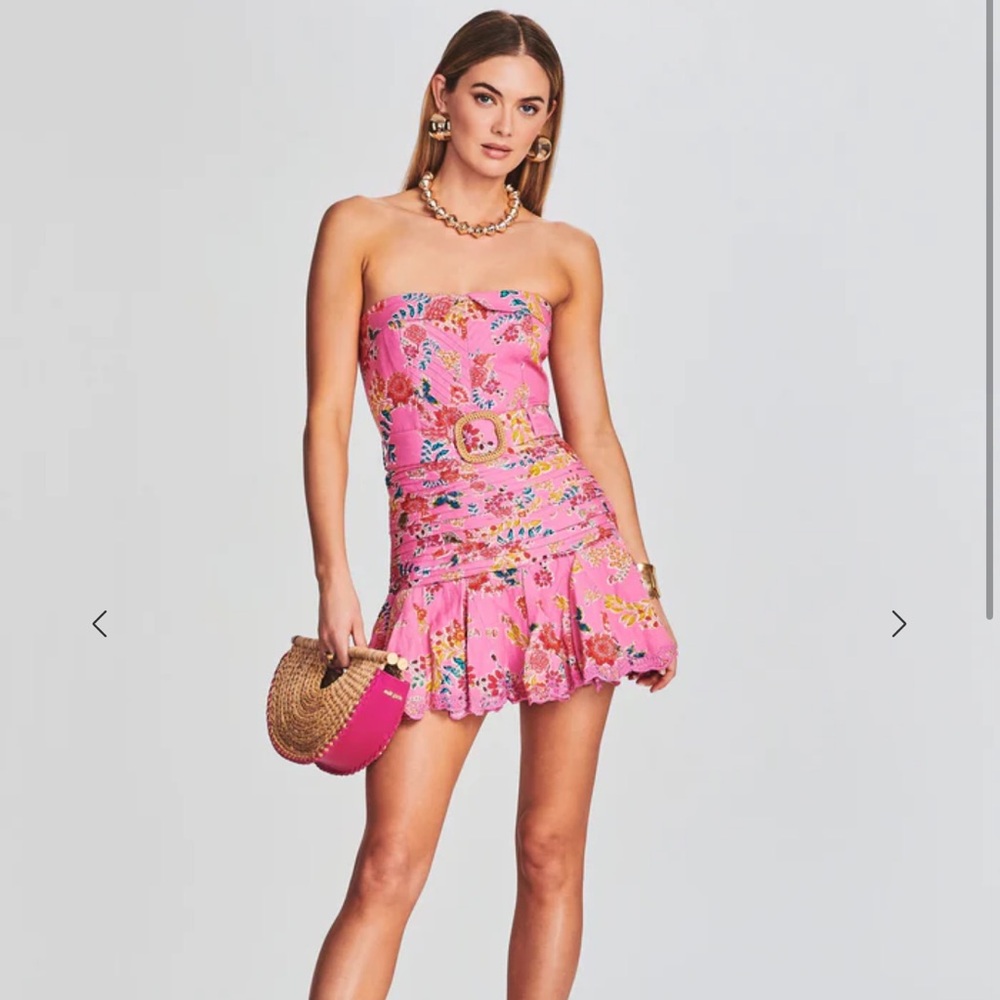 HEMANT & NANDITA Fiora Pink Floral Strapless Mini Dress